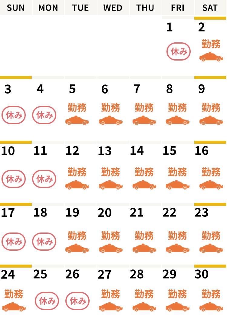 1カ月の乗務例（昼日勤で週5勤の場合）