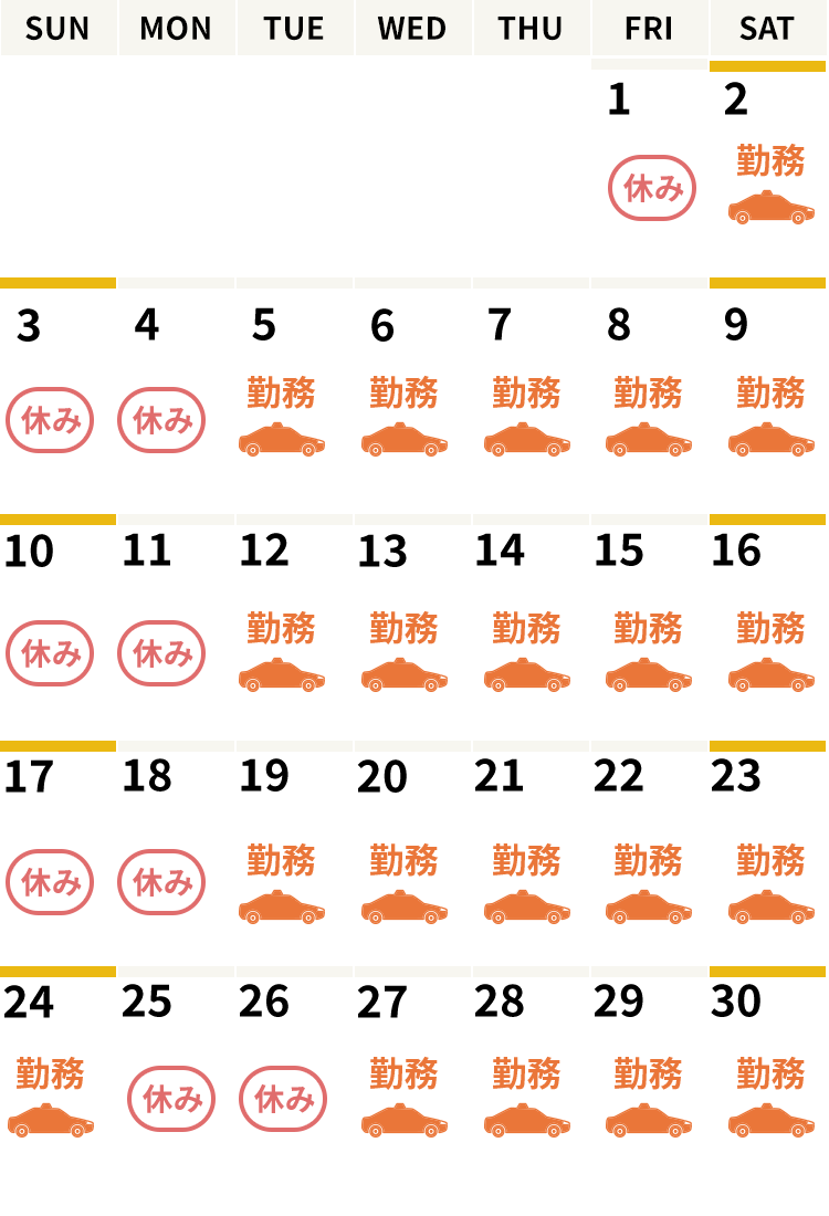 1カ月の乗務例（昼日勤で週5勤の場合）